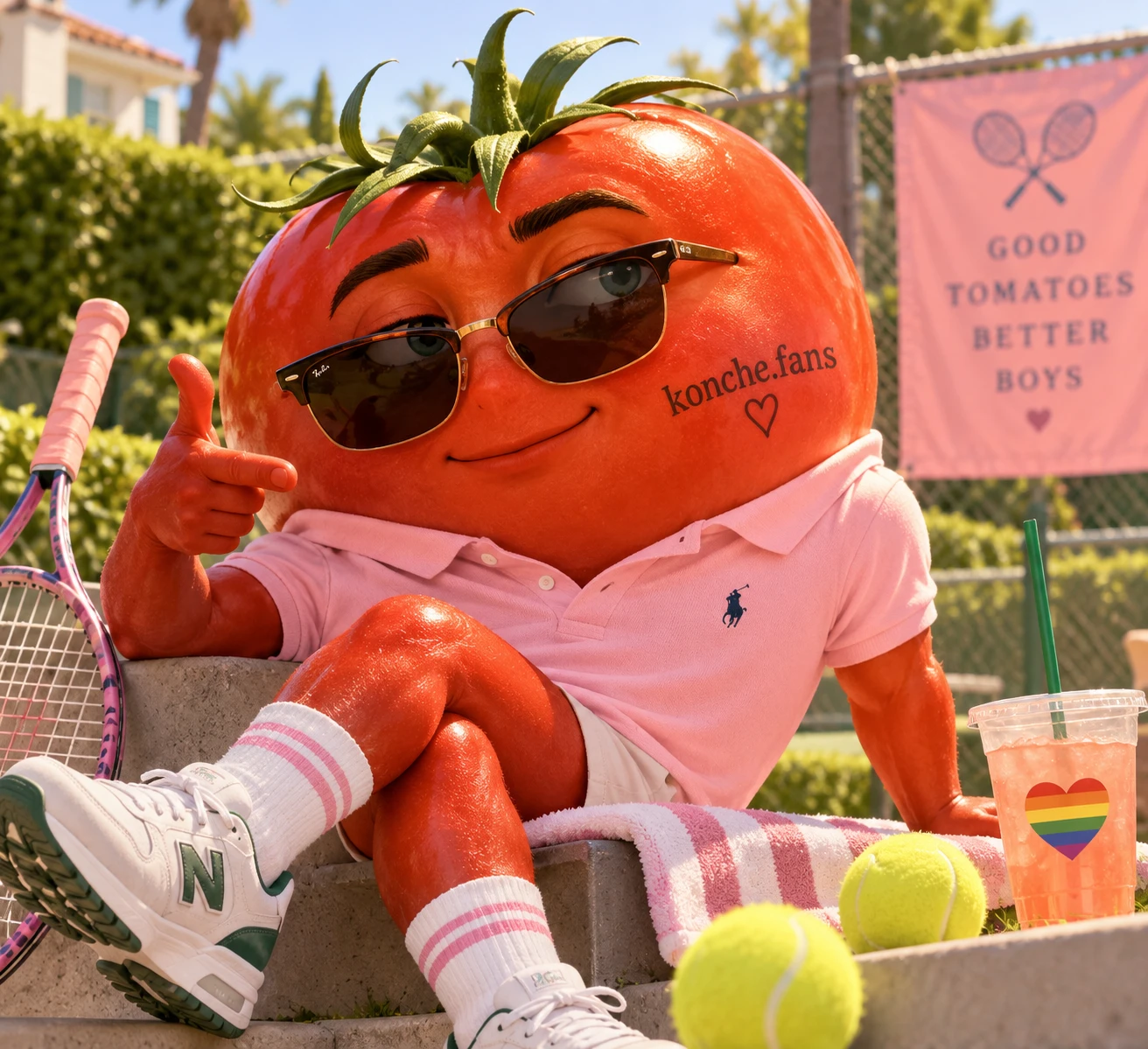 A tomato in sunglasses and a pink polo, working the door